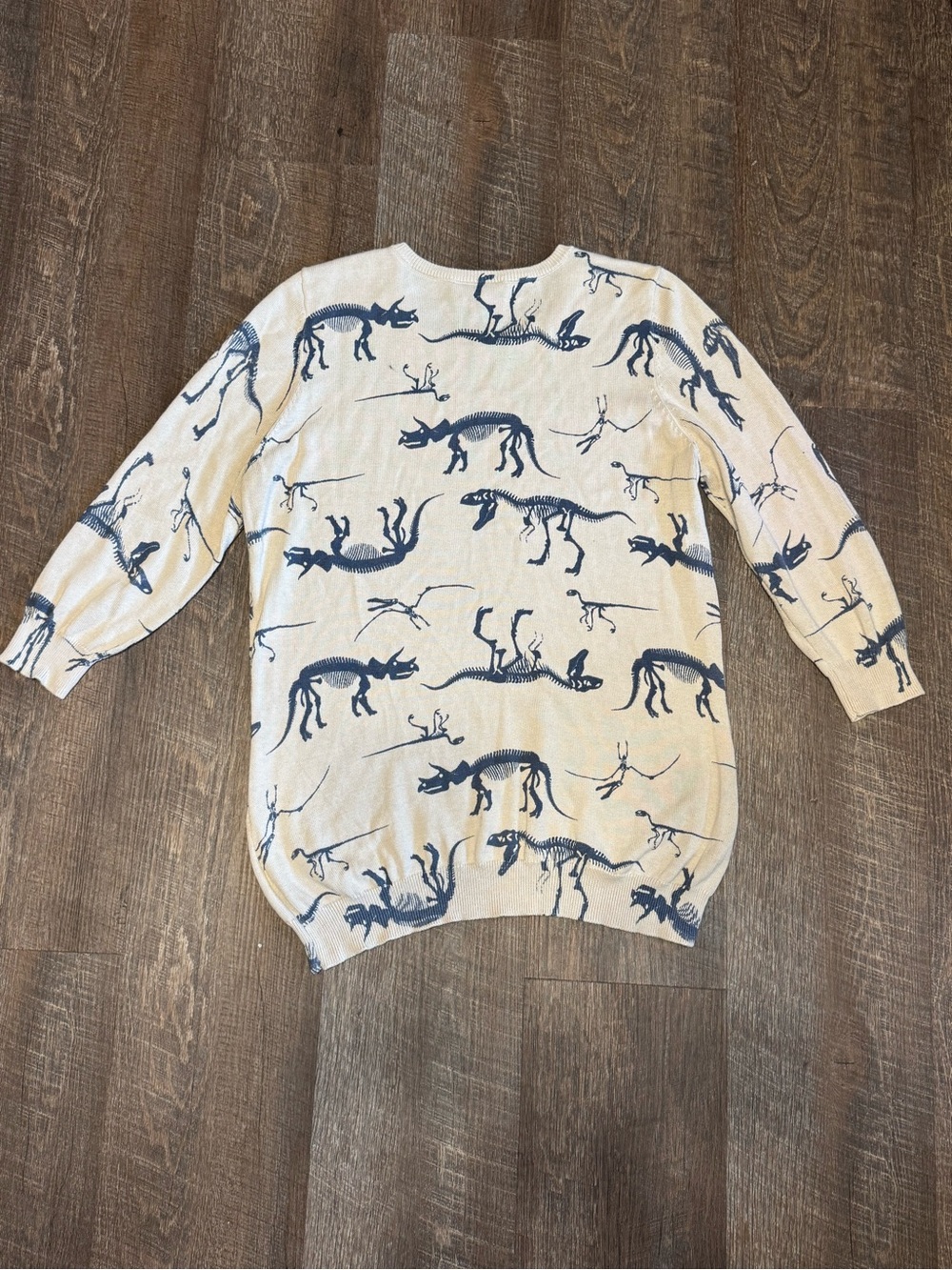 Lrg ModCloth 3/4 Sleeve Cream & Grey/Bluish Dinosaur Sweater - Picture 10 of 10
